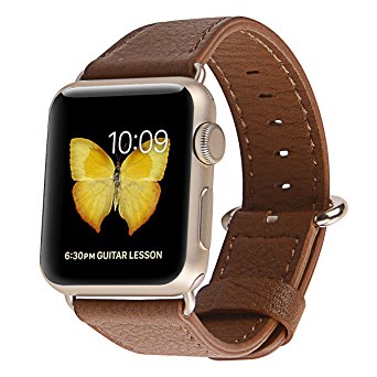 PEAK ZHANG Apple Watch Band 38mm Women Genuine Leather Replacement Wrist Strap with Stainless Metal Adapter Clasp for Iwatch Series 2,Series 1,Sport,Edition (38mm Light Brown Golden Buckle)