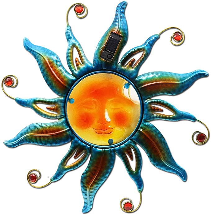 LIMEIDE Solar Wall Decor Sun God Garden Hanging Decoration/Wall Mount Metal Sun Wall Art Sculpture with Glass Face and LED Lights for Patio Bedroom Living Room Office Courtyard Decor (Blue) 18 Inch