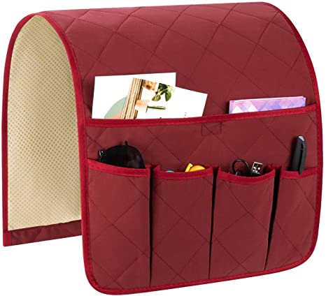 Teniux Non-Slip Couch Sofa Chair Armrest Organizer with 5 Pockets Armchair Caddy for Smart Phone, Book, Magazines, Ipad, TV Remote Control Holder (D- Rio red, Cloth)