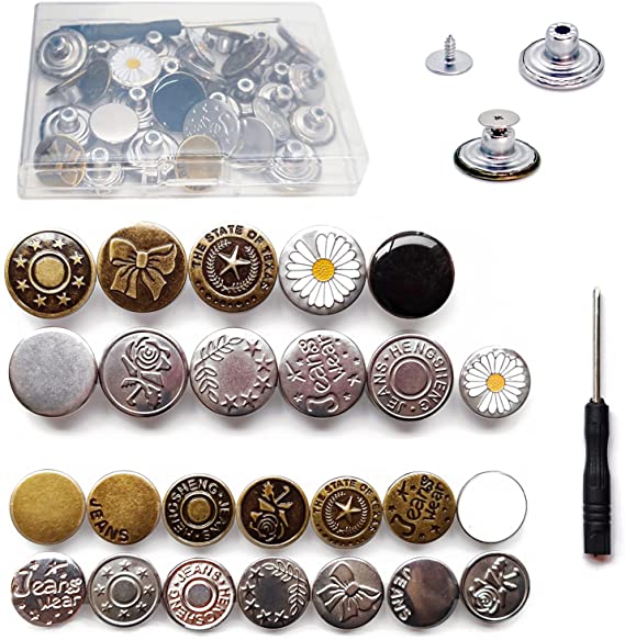 25 Sets Replacement Jean Buttons, Metal Tack No Sew Button Replacement Kit for Cowboy Clothing Jackets Pants Bags, 25 Different Style Button Pins for Jeans, 2 Size