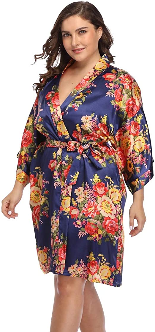 Women's Plus Size Satin Robes Short Silky Bathrobes Bridesmaid Party Dressing Gown