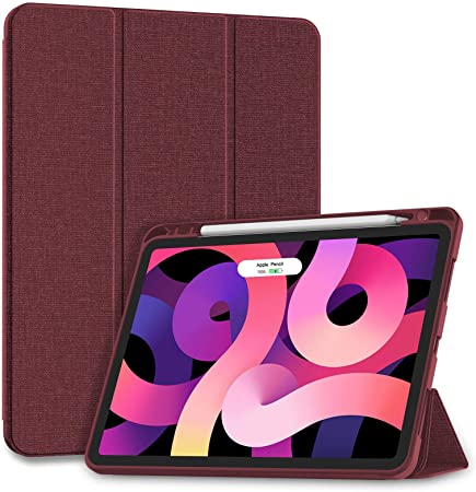 Soke iPad Air 4 Case 10.9 Inch 2020 /iPad Pro 11 2018 with Pencil Holder - Full Body Protection   Apple Pencil Charge   Auto Sleep/Wake, Soft TPU Back Cover for iPad Air 4th Generation,Wine