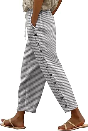 Linen Capris for Women Elastic Waisted Drawstring Capri Pants with Pockets Solid Side Button Casual Summer Cropped Pants