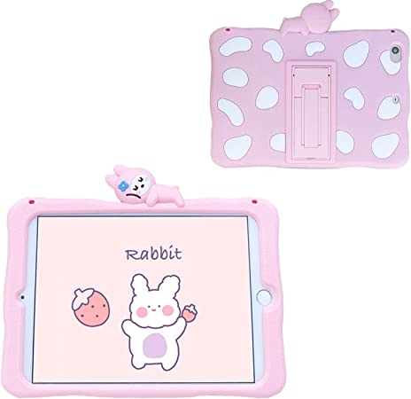 TOUBN iPad 7th Generation Cover, Cute Kawaii Lying Rabbit Case with Foldable Kickstand, Slim Fit Premium Silicone Tablet Skin Compatible with Apple iPad 10.2 2019 7th Gen Pink