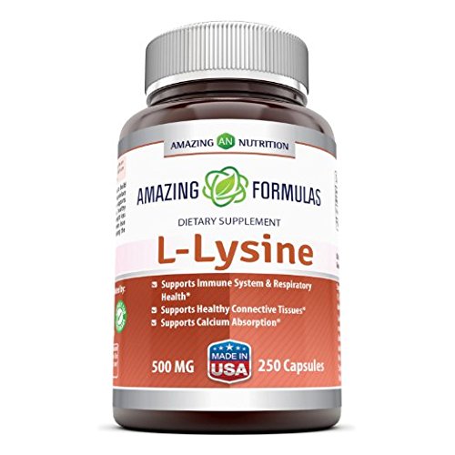 Amazing Nutrition Amazing Formulas L-Lysine - 500mg Amino Acid Vitamin Capsules - Commonly Used For Cold Sores, Shingles, Immune Support, Respiratory Health & More - 250 Vegetarian Capsules Per Bottle