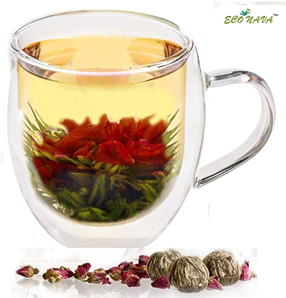 Tea Gift Double Walled Glass Cup 350 ml / 12 oz with 2 Flowering Green Tea Balls Blooming. Great clear double wall insulated mug for serving coffee, tea, hot chocolate, latte, espresso.
