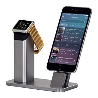 Apple Watch Stand, WOWO Aluminum iPhone Charging Stander, Desktop Bedside Table Holder for Apple Watch and iPhone X 8 Plus 7 6 6s SE 5 5s 4（Space Gray）