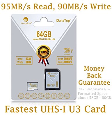 64GB Micro SDXC U3 Card Plus SD Adapter Pack. Amplim Pro Extreme Class 10 UHS-I MicroSDXC 95MB/s Read, 90MB/s Write. Ultra High Speed HD UHD 4K Video. Internal/External MicroSD Flash Memory Storage