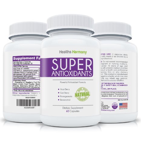 Super Antioxidants Supplement - Powerful Super Food Antioxidant Blend Acai Berry Goji Berry Pomegranate and Trans Resveratrol - Natural Herbal and Fruit Formula For Skin Care Made in USA 60 Capsules