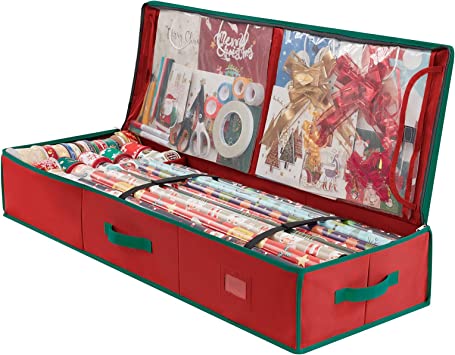 Lifewit Wrapping Paper Storage Containers with Interior Pockets, Fits 18-20 Standard Rolls, Gift Wrapping Organizer Storage for Wrapping Paper, Bows, Ribbons, 40" Length, Red