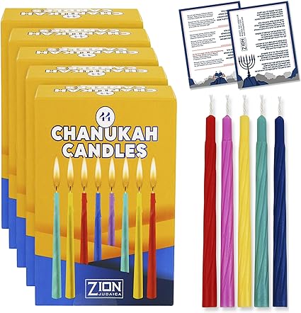 Hanukkah Candles for Menorah Box of 44 Assorted Colorful Candles with Prayer Card - Spiral Style Quality Paraffin Wax - Fits Most Menorahs -Enough for All 8 Nights Chanukah Candle Set by Zion Judaica