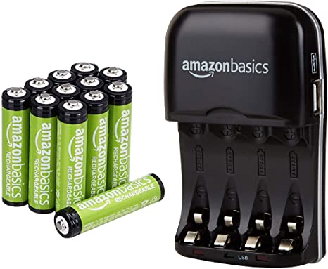 AmazonBasics AAA Rechargeable Batteries (12-Pack) Pre-Charged - Battery Packaging May Vary Bundle with AmazonBasics Ni-MH AA & AAA Battery Charger with USB Port for Rechargeable Batteries