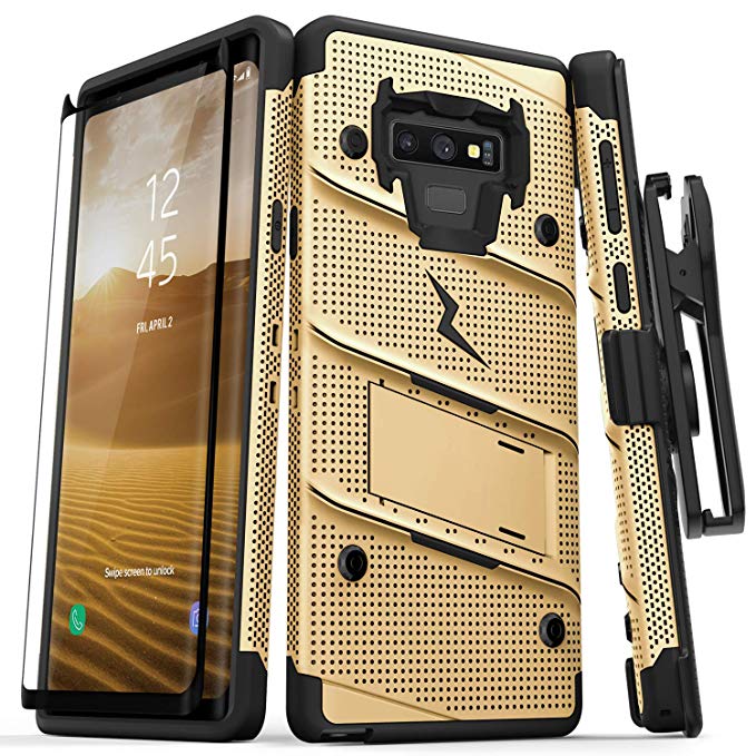 Zizo Bolt Series Galaxy Note 9 Case with Holster, Lanyard, Military Grade Drop Tested and Tempered Glass Screen Protector for Samsung Galaxy Note 9 Cover - Gold/Black