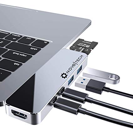 NOV8Tech 7-in-2 Aluminum USB-C Hub for MacBook Pro 2019-16 and MacBook Air 2019-18, 4K HDMI, 2xUSB 3.0, USB 3.1 C 5GBps, Thunderbolt 3 100W PD Charger and 40GBps Data, SD/Micro SD Card Reader 7-in-1