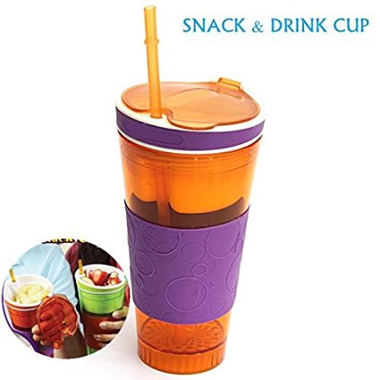 ELEGIANT 500ml 2in1 Travel Snack Drink Cup Bottle Container Lid Straw for Adult Kids Cinema sport