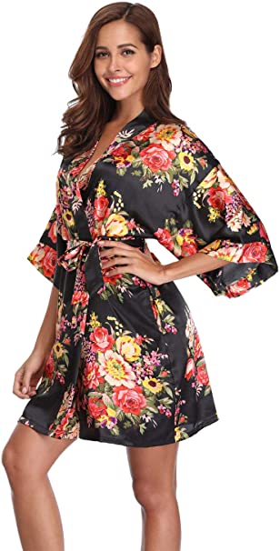 Women's Floral Satin Kimono Robes Short Bridesmaid Robes for Wedding Party