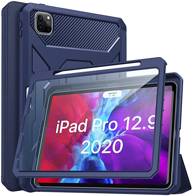 MoKo Case Fit iPad Pro 12.9 4th Generation 2020 & 2018, [Built-in Screen Protector] Full-Body Shockproof Case Smart Shell Trifold Stand Cover with Auto Sleep/Wake & Pencil Holder - Indigo