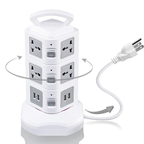 Power Strip Tower GLCON Vertical Surge Protector with Rotatable 4 USB Ports 10 Outlets   6.5ft Retractable Cord   Safe Handle,Wiring Smart Sockets for Jack Home, Office, PC, Laptop