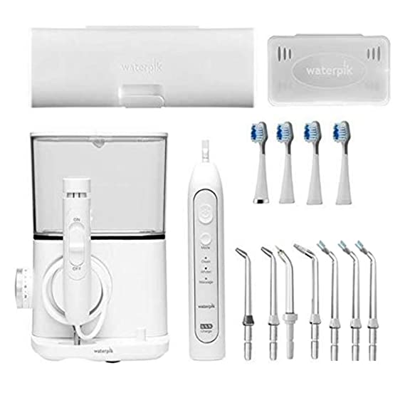 Waterpik Complete Care 9.0 Kit. 1 White Complete Care 9.0 Sonic Electric Toothbrush & Water Flosser, 2 Pack Plaque Seeker Water Flosser Tip Replacement, 2 Pack Complete Care Replacement Brush Heads