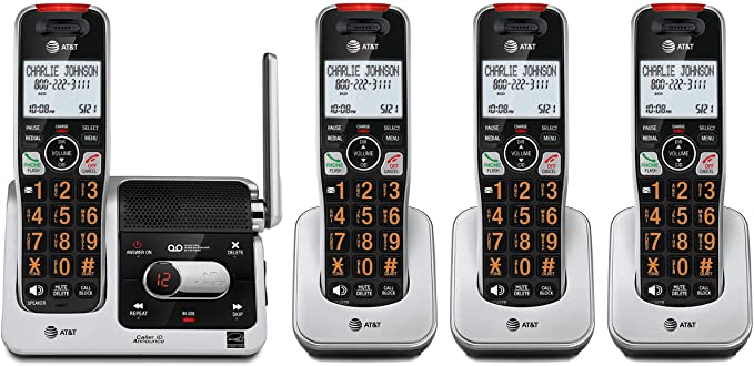 AT&T BL102-4S 4-Handset Expandable Cordless Phone with Answering System, XL Display, Backlit Buttons & Visual Ringer, Black/Silver, Silver/Black