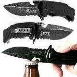 Spring Assisted Knife With BOTTLE OPENER - Lightning Quick Deployment - Razor Sharp - Every Day Carry - All Black - Durable As it Gets - By ALPHATEK