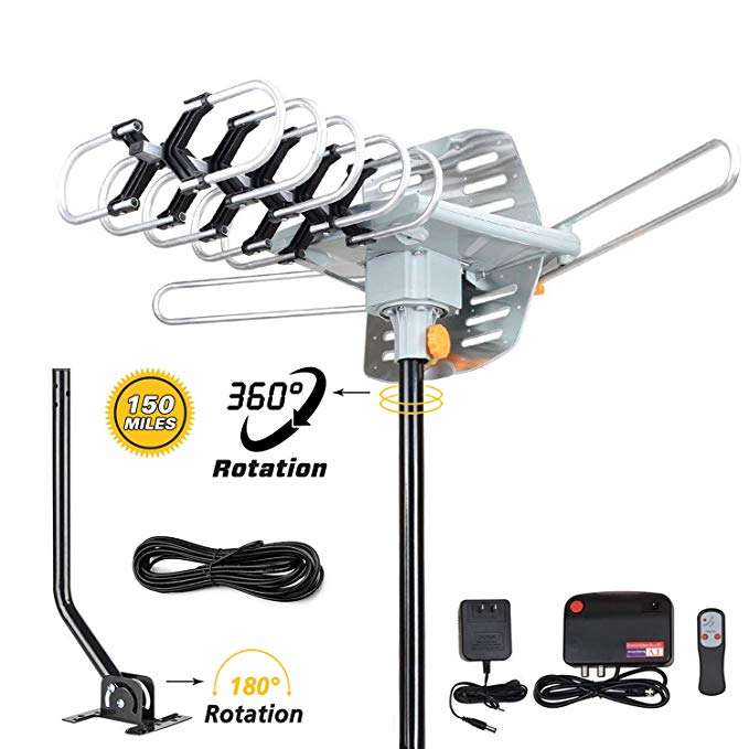 Outdoor TV Antenna 150 Miles Amplified Digital HDTV Antenna with 360°Rotation,Wireless Remote Control, 33 Feet Coax Cable with Mounting Pole -2019 Newest Version with 4K