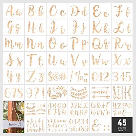 45 Pieces Calligraphy Stencil Set, Reusable Cursive Letter Stencil for Painting with Lettering Upper and Lowercase, Numbers Punctuation Leaves Flowers (Simple Style, 8.26 x 6 Inch)