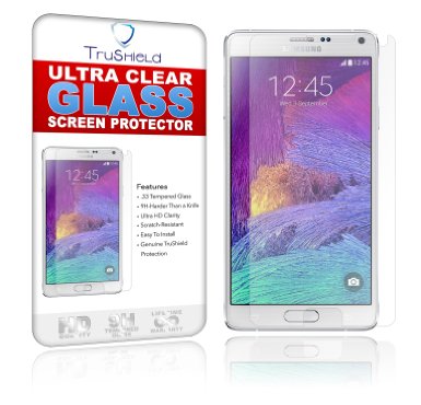 Samsung Galaxy Note 4 Screen Protector - Tempered Glass - Package Includes Microfiber Cleaning Wipe and Tempered Glass Screen Protector - by TruShield
