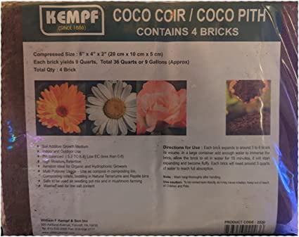 Kempf Compressed Coco Coir Bricks, Growing Medium, 4 Bricks, Organic, Garden Potting Mix, Peat Moss Alternative, Natural Certified Product