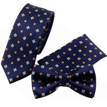 Mantieqingway Men's Polyester Silk Necktie Bow Tie Pocket Square 1 Set 001