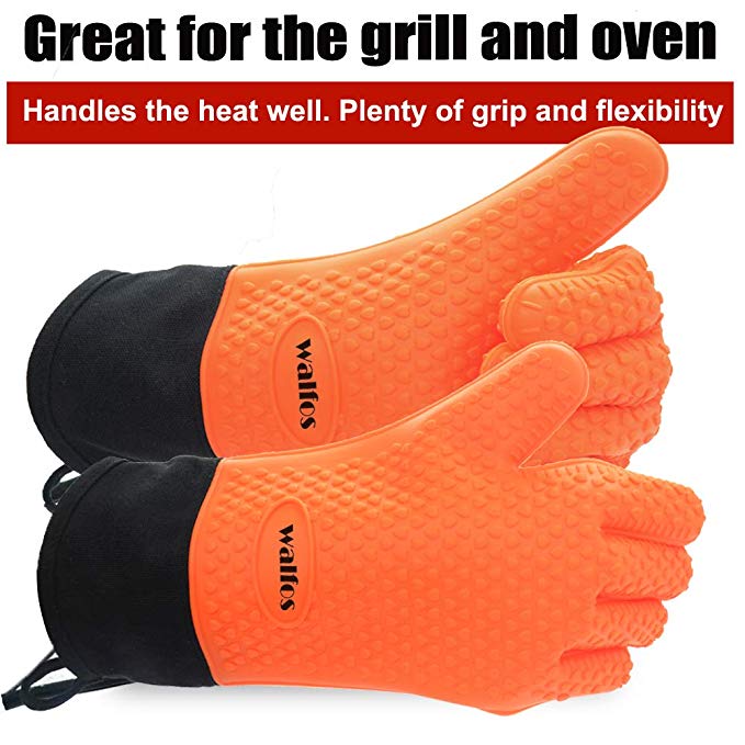 Walfos BBQ Smoker Gloves, High Heat Resistant Silicone Grilling Glove, Long Waterproof Non-Slip Potholder for Cooking, Baking Barbecue