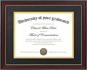 upsimples 11x14 Diploma Frame with High Definition Glass, Display 8.5x11 Certificate with Black over Gold Mat, Degree Document Frame for Wall and Tabletop, Mahogany with Gold Beads, 1 Pack