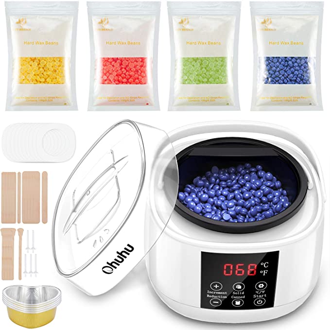 Wax Warmer for Hair Removal, Ohuhu LED display Hair Removal Home Waxing Kit with 4 Flavors Stripless Hard Wax Beans for Full Body, Legs, Face, Eyebrows, Bikini Women Men