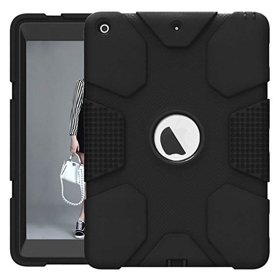 Hocase iPad 9.7 2018/2017 Case Rugged Heavy Duty High-Impact Shockproof Hard Rubber Protective Case for Apple iPad 5th/6th Generation A1822/A1823/A1893/A1954 - Black