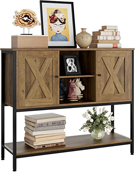 HOMECHO Console Table with Doors, Industrial Entryway Table with Storage Shelves, Narrow Sofa Hallway Table for Living Room, Bedroom, 39.7 x 12.6 x 33 inches, Rustic Brown
