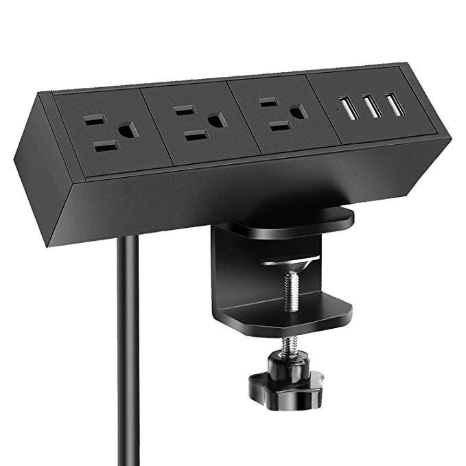 Aluminum Alloy Desk Clamp Power Strip, Desktop Edge Mount Removable Desk Outlets, Power Outlet Plugs with 3 AC Outlet and 3 USB, Support Surge Protection.