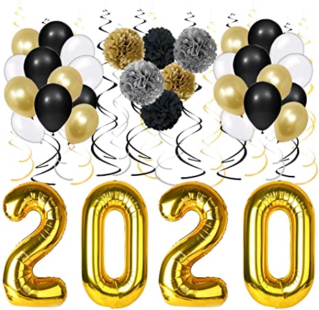 Graduation Decorations 2020-40" 2020 Foil Gold Balloons,Black Gold and White Latex Balloon,Black Gold Silver Hanging Party Swirls, Tissue Paper Pompoms | 2020 Graduation Party Supplies Set