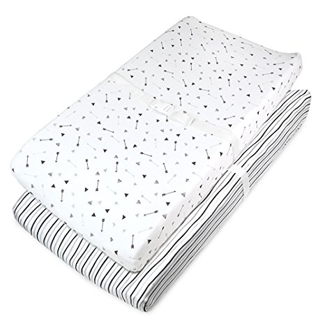American Baby Company 2 Piece Printed 100% Cotton Jersey Knit Fitted Contoured Changing Table Pad Cover Also Works with Travel Lite Mattress, Silver Black Arrow/Stripe