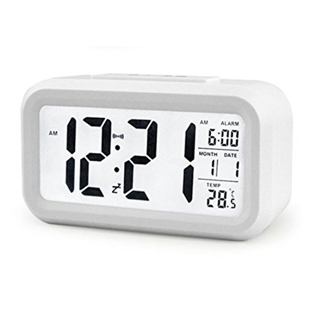 IYOOVI Morning Digital Clock and Alarm Large Display Travel Alarm Clock Low Light Sensor Technology with Temperature (White)