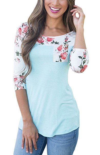Annflat Women's Floral Print Crew Neck 3 4 Sleeve T-Shirt Casual Pocket Blouse Tops