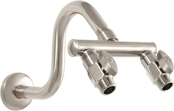 Shower Head Double Outlet Brushed Nickel Manifold w/Shut Off Valves and Shower Arm