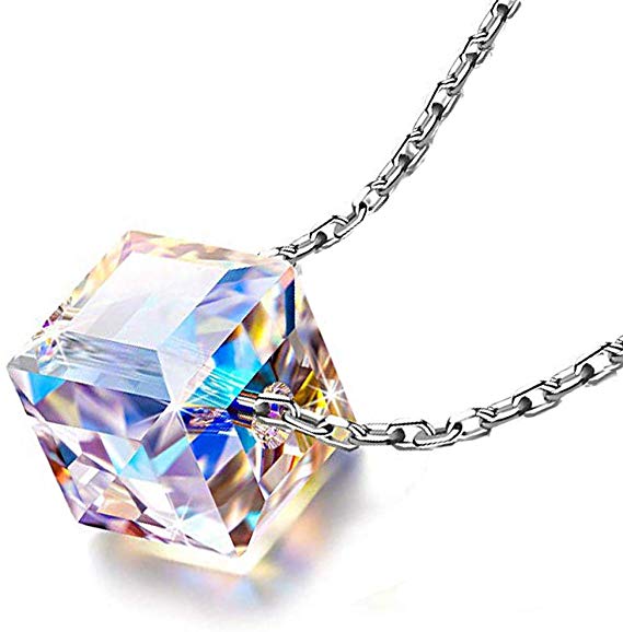 925 Sterling Silver Sugar Cube Necklace Aurora Crystals from Swarovski Cubic Pendant Necklace for Women Girls Jewelry