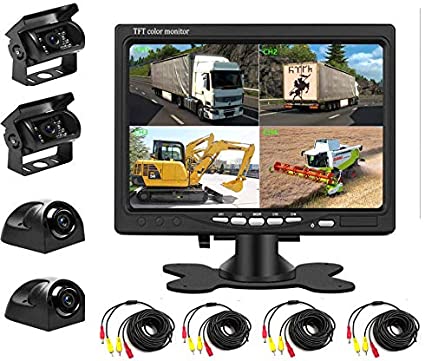 Backup Camera Kit 7 inch 4-Spilt Monitor Rear View Cameras with IP 67 Waterproof 18 IR Night Vision Car Camera for Tucks, RVs,Trailers,Bus,Vans   4pcs 10m/393.7inch Cables