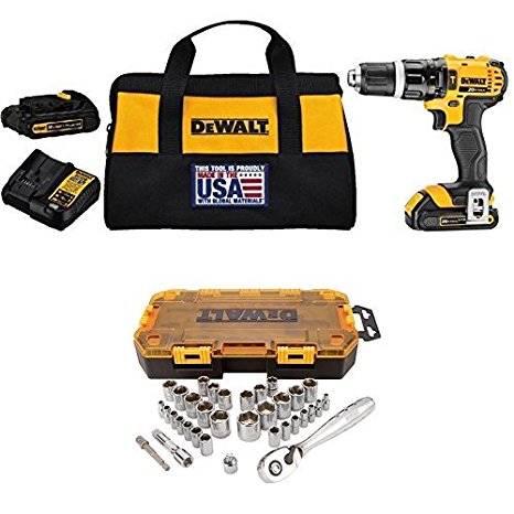 DEWALT DCD785C2 20V MAX Lithium Ion Compact 1.5 Ah Hammer Drill/Driver Kit with  DWMT73804 Drive Socket Set (34 Piece), 1/4" and 3/8"