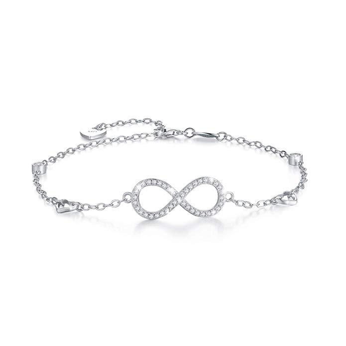 WM'SPARKLE Anklets for Women 925 Sterling Silver Infinity Love Bracelet Anklet Endless Symbol Studded with 3A Cubic Zirconia Charm Adjustable Large Bracelet Women's Fashion Jewelry