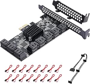 MZHOU PCIE SATA Card 16 Ports - 6Gbps SATA 3.0 Controller Expansion Card with SATA Power Splitter Cable - PCI Express Card SATA 16 Prot Supports All PCIe Card Slots (Chip ASM1064  3*JMB575)