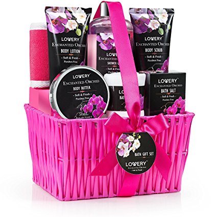 Merry Christmas Spa Gift Basket- Enchanted Orchid Scent - 9 Piece Bath & Body Set For Men/Women, Contains Shower Gel, Lotion, Body Butter, Bath Salt, Massage Oil, Scrub, Towel, Back Scrubber & Basket