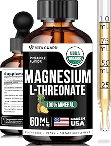 Magnesium L-Threonate Liquid Drops - 500mg Vegan Formula for Brain Health, Pineapple Flavor, 60ML (2 fl oz) | Gluten-Free, Non-GMO