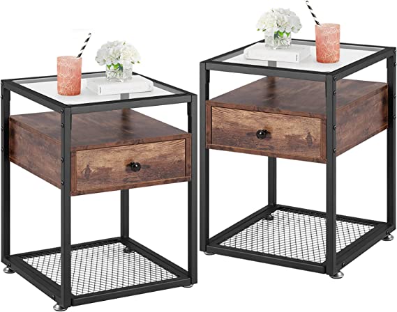 VECELO End Tables,Glass Top Nightstands with Drawer and Metal Frame,Set of 2 for Living Room,Bedroom,Lounge,2 Set, Antique Brown