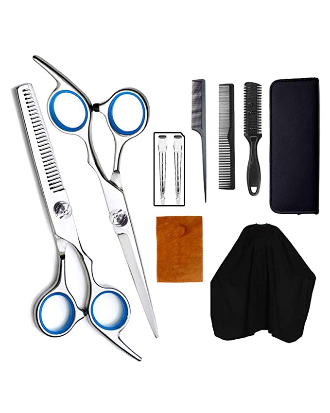 Professional Hair Cutting Scissors Set Hair Cutting Kits Shears Razon Combs Clips Cape 10pcs Blue